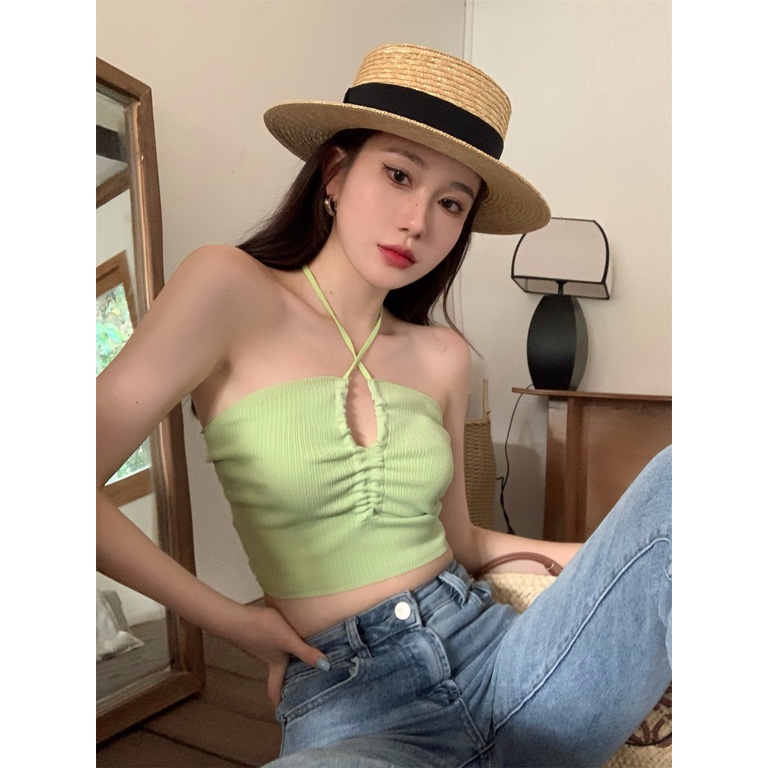 Áo Lửng Hai Dây Màu Trơn Khoét Lỗ Gợi Cảm Thời Trang Mùa Hè Cho Nữ