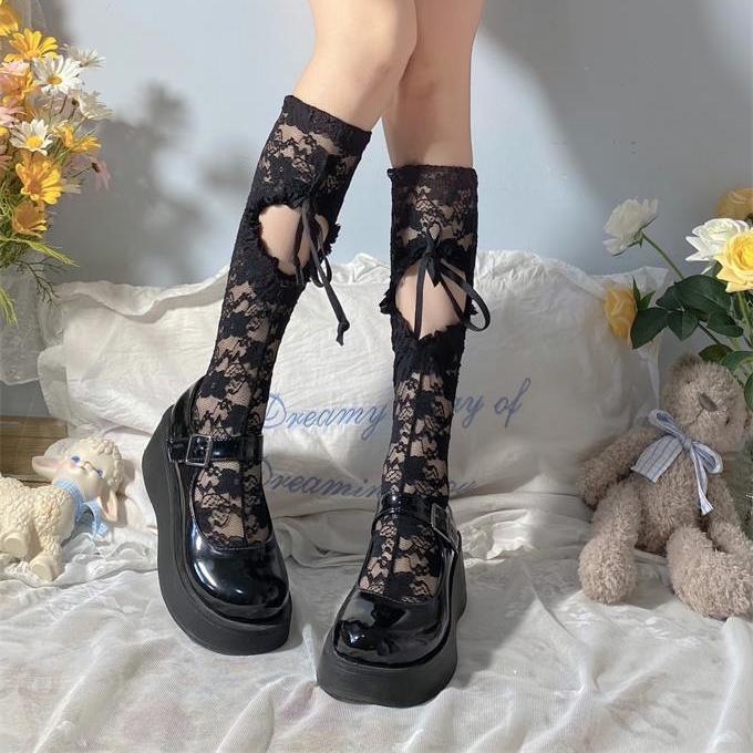 Women Black Stockings Children's Medium Length Stockings Jk Lolita Socks Silk Bandage Stockings Calf Stockings Girl Long Knee Socks
