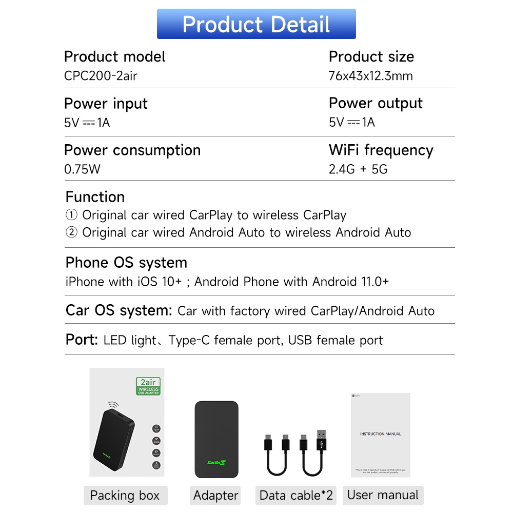 CarlinKit 5.0 2Air Wireless Android Auto Box Di động CarPlay Wireless Dongle cho Đài phát thanh xe hơi có dây CarPlay/Android Auto