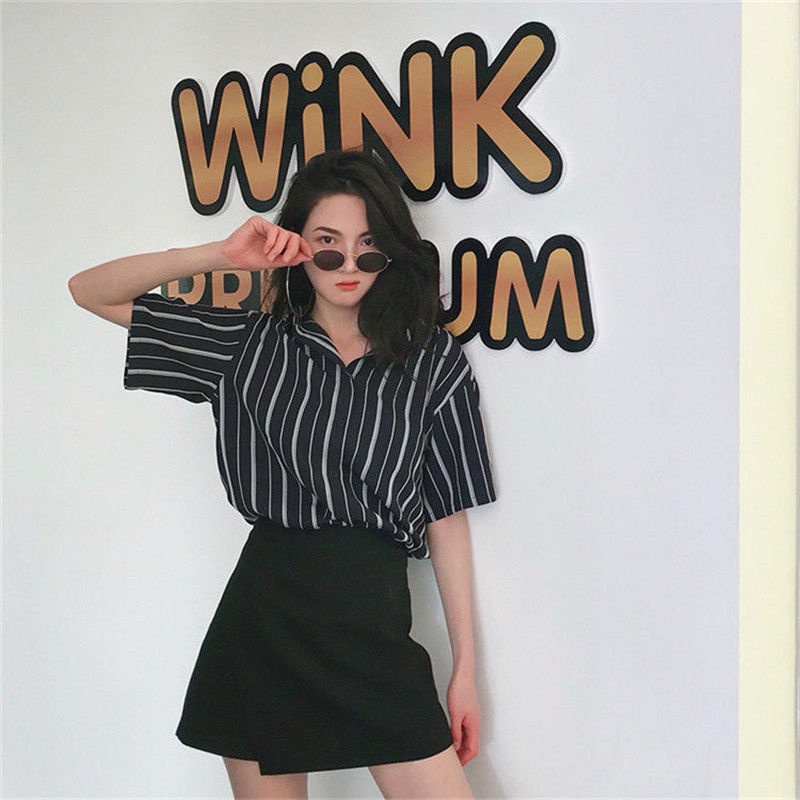 Áo Sơ Mi Tay Ngắn Họa Tiết Kẻ Sọc Thời Trang Mùa Hè Phong Cách Hàn Quốc Cho Nữ