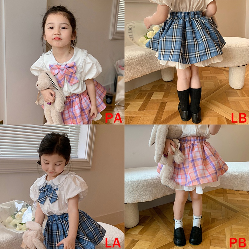 Bộ Khung Đồ Chơi Cho Bé❤Bộ Áo Sơ Mi Tay Phồng Màu Trơn + Chân Váy Cổ Búp Bê Họa Tiết Kẻ Sọc Thời Trang Mùa Hè Hàn Quốc Cho Nữ