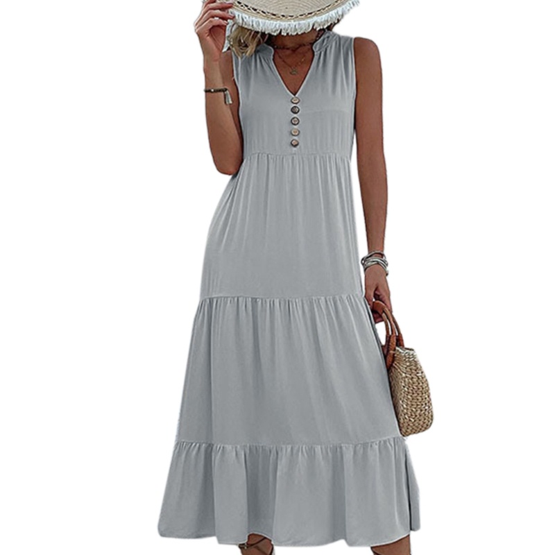 Đầm Dáng Suông Không Tay Cổ Chữ V Eo Cao Màu Trơn Thích Hợp Mặc Hàng Ngày