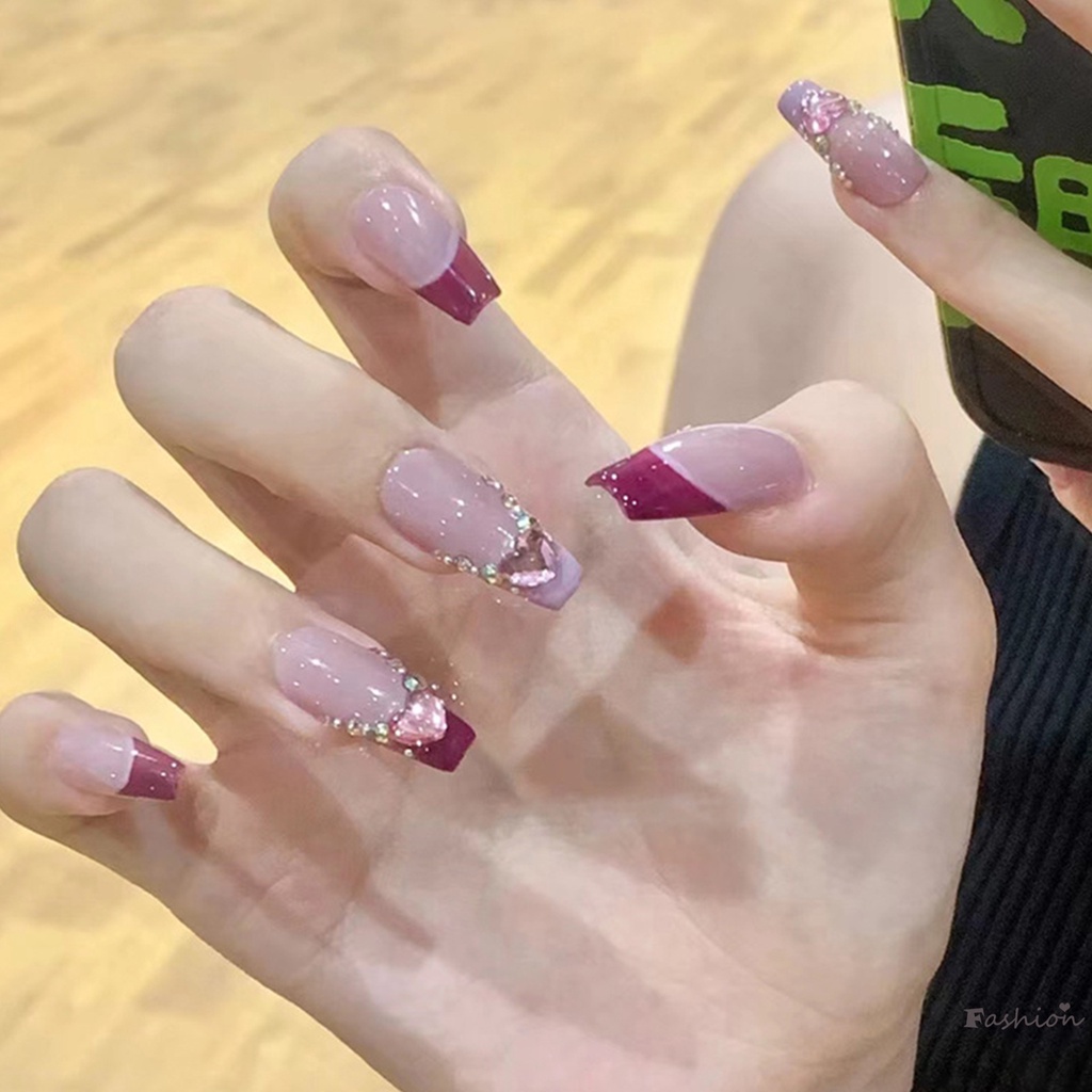 Móng Tay Giả Màu Hồng Đính Đá Lâu Trôi Chống Thấm Nước