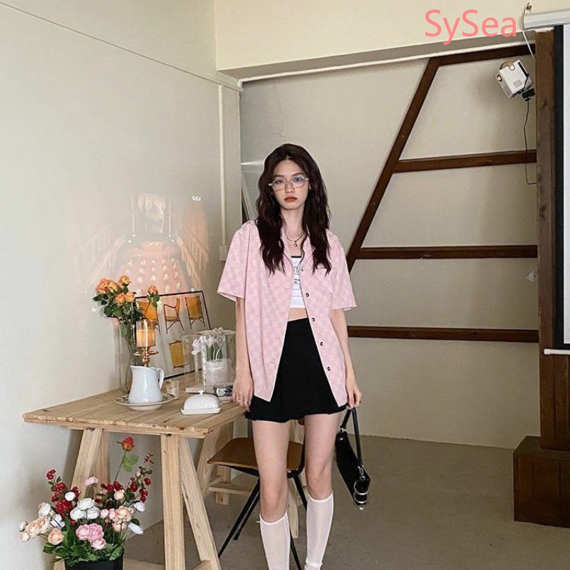 Áo Sơ Mi Tay Ngắn Dáng Rộng Họa Tiết Sọc Caro Thời Trang Mùa Hè Cho Nữ