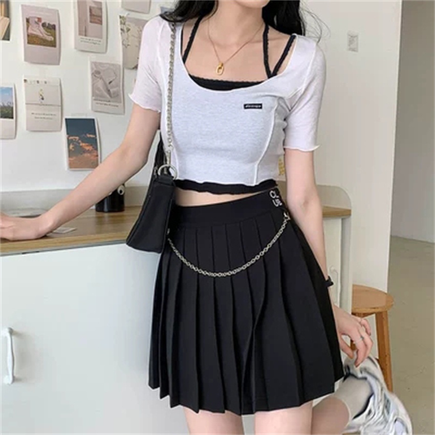 Genaisha Chân Váy Xếp Ly Dáng Chữ A Xếp Ly Nhỏ Nhắn Phối Dây Xích Hàn Quốc Cho Nữ