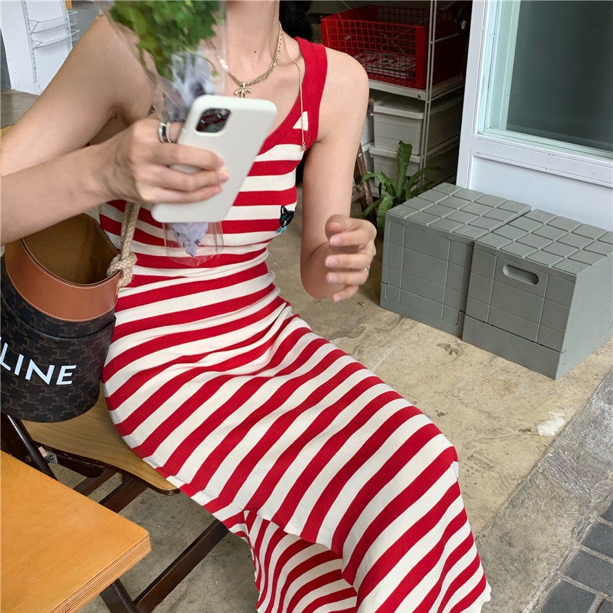 [F &amp; X] Đầm Dệt Kim Hai Dây Ôm Dáng Họa Tiết Kẻ Sọc Màu Đỏ Thời Trang Mùa Hè Dành Cho Nữ