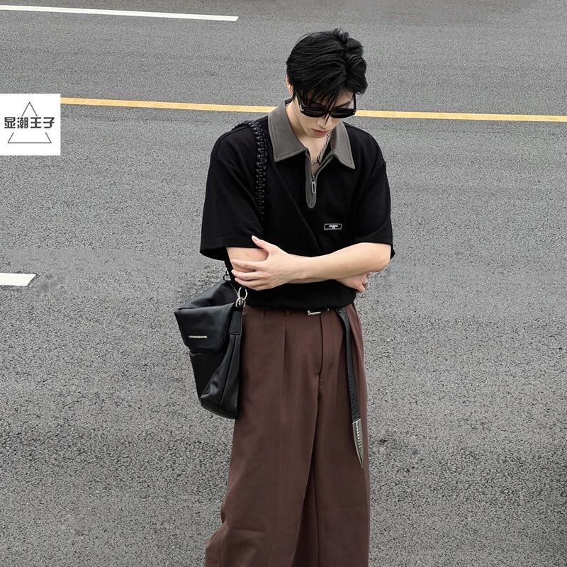 Áo Thun polo Tay Ngắn Có Khóa Kéo Màu Sắc Tương Phản Phong Cách Retro Mỹ Thời Trang Mùa Hè Cho Nam Và Nữ