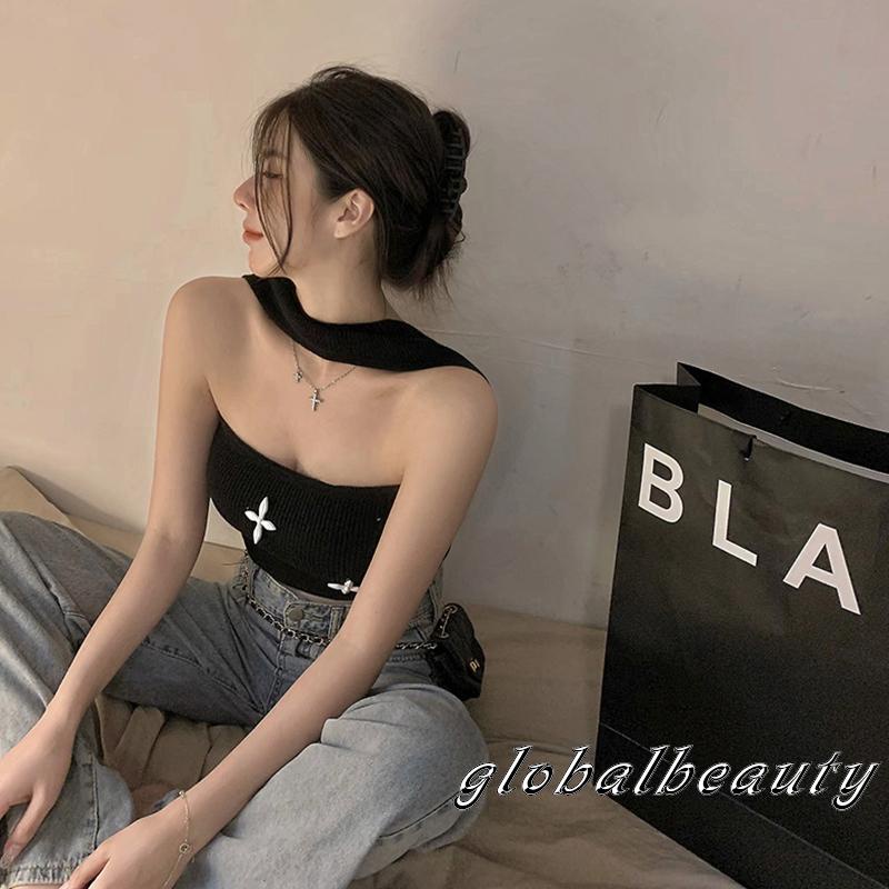 Áo Croptop Dệt Kim Không Tay Cổ Yếm In Họa Tiết Chéo Màu Trắng / Đen / Xanh Dương Thời Trang Mùa Hè