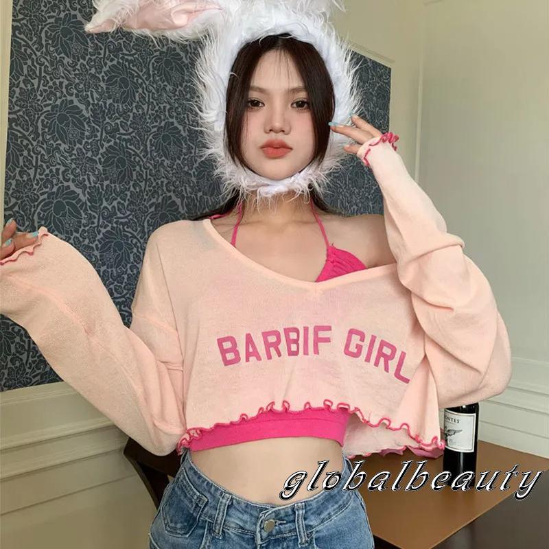 Bộ Áo Croptop Không Tay + Áo Thun Dài Tay Cắt Hở Lưng Gợi Cảm Cho Nữ