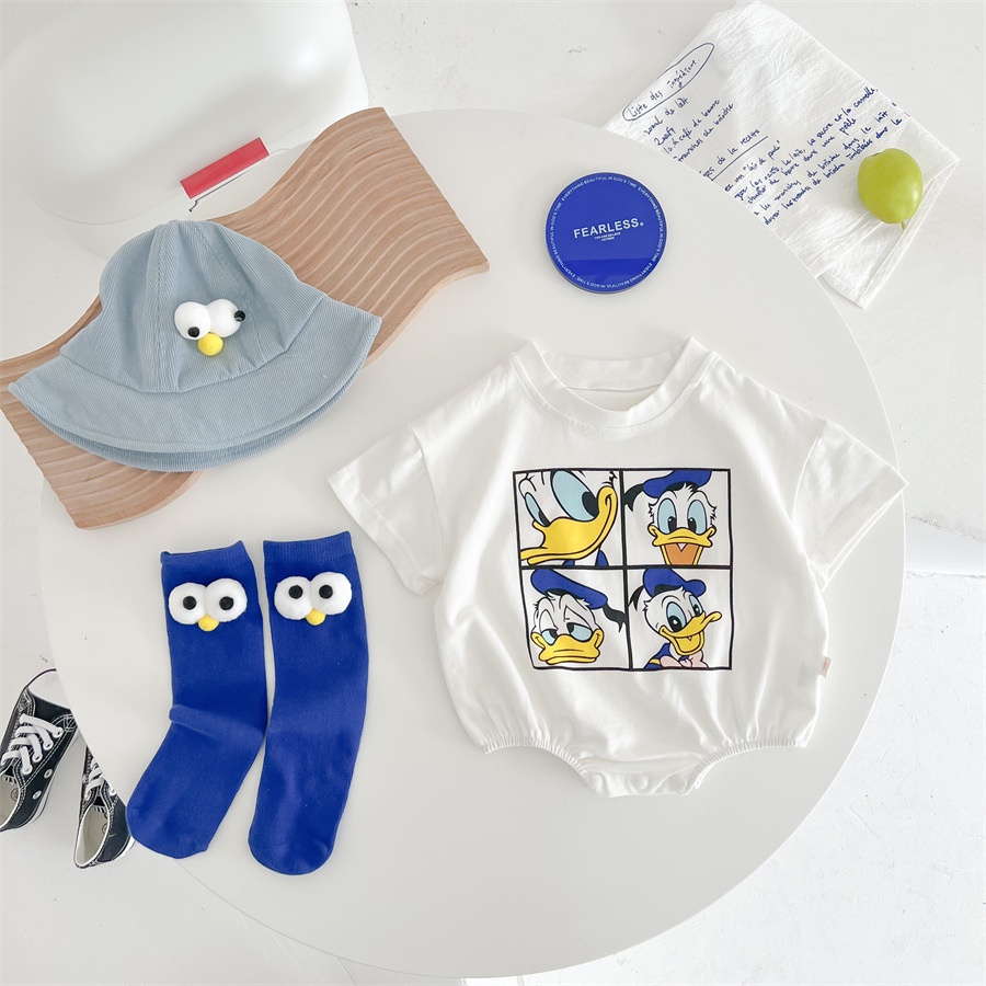 Bộ Áo Liền Quần Bằng Cotton Nguyên Chất Tay Ngắn In Hình Vịt Donald Dễ Thương Thời Trang Mùa Hè Cho Bé Trai 0-24 Tháng Tuổi