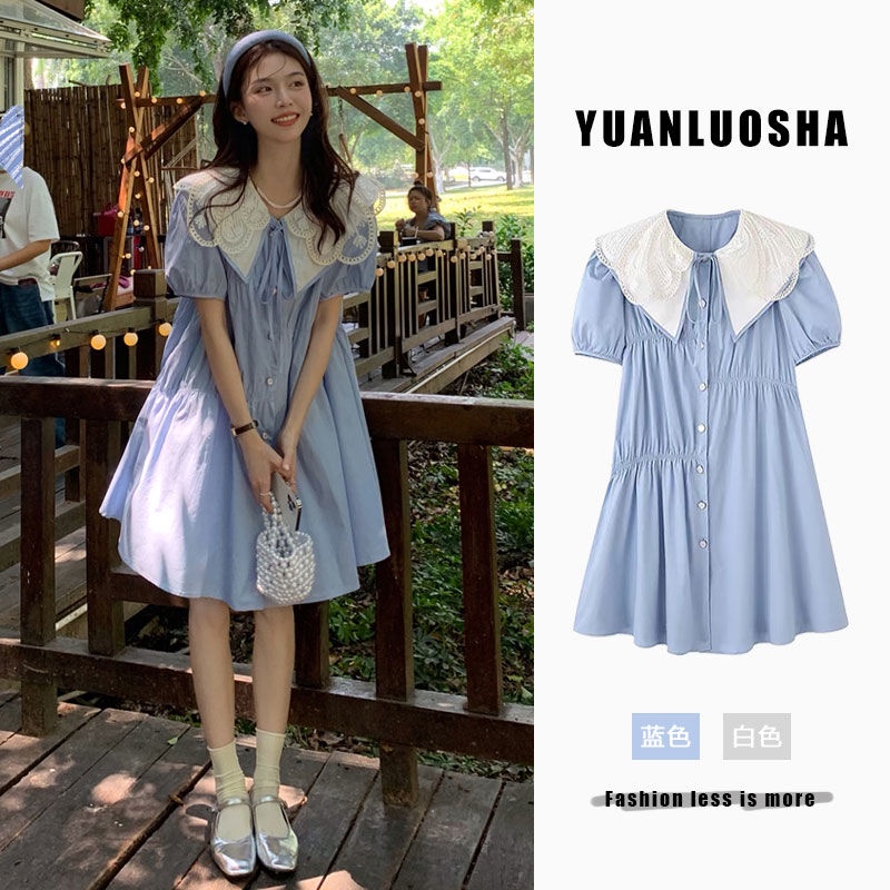 Đầm Ngắn Dáng Rộng Cổ Búp Bê Màu Xanh Dương Nhạt Kiểu Pháp Thời Trang Mùa Hè 2022 Plus Size