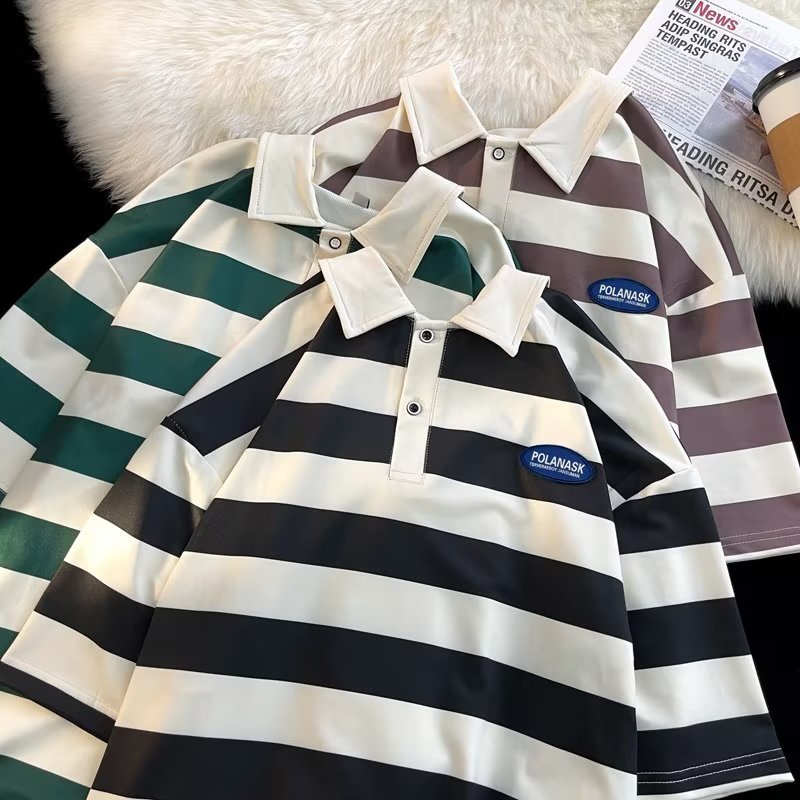 Áo Thun POLO Cotton Ngắn Tay Họa Tiết Kẻ Sọc Đính Hạt Thời Trang Mùa Hè Hàng Mới Dành Cho Bạn Nam