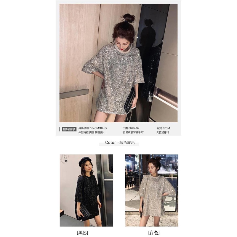 Áo Thun Tay Lỡ Dáng Rộng Đính Kim Sa Lấp Lánh Phong Cách Hàn Quốc Thời Trang Xuân Hè