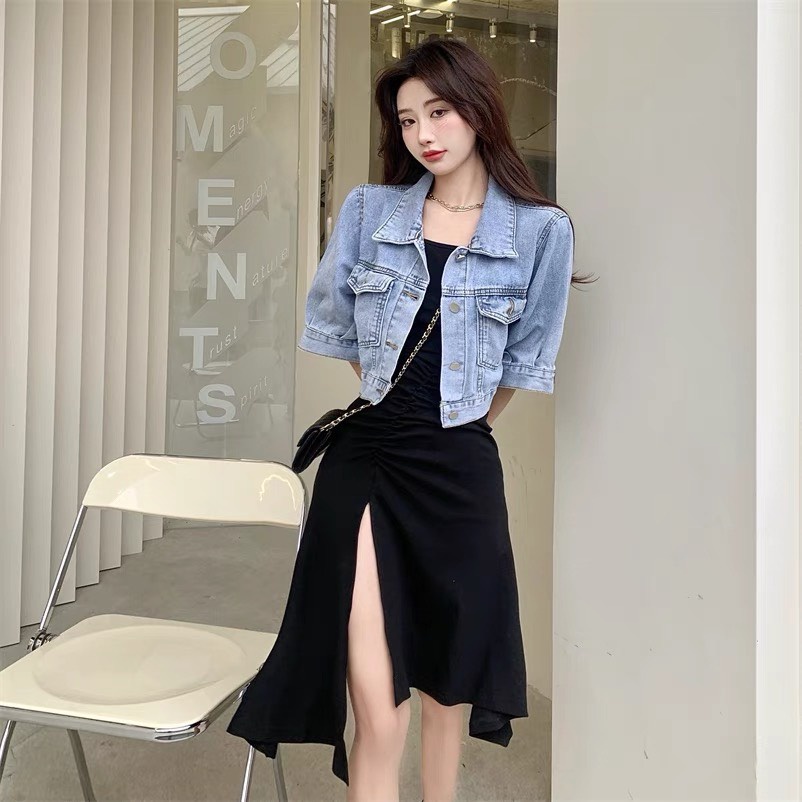 Áo Jeans nữ, ngắn tay cổ bẻ tay bồng màu xanh - áo khoác jean nữ tay lỡ Croptop phong cách ulzzang hàn quốc, SEE2T STORE