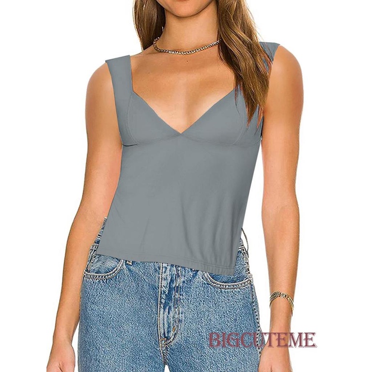 Áo Tank Top Không Tay Cổ Chữ V Hở Lưng Màu Trơn Thời Trang Mùa Hè Dành Cho Nữ