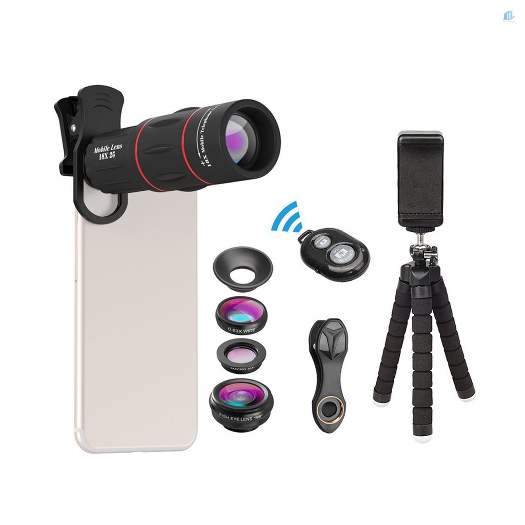 Ống Kính 4 Trong 1 APEXEL APL-T18Xbj5 Telephoto 4 Trong 1 Cho Điện Thoại 18X Lens 198° Ống Kính Fisheye Góc Rộng 0.63X Macro 15X Kèm Điều Khiển Từ Xa