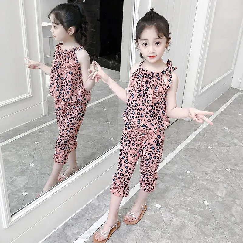 Set Đồ Mùa Hè 2 Món Gồm Áo Thun Sát Nách In Họa Tiết Da Báo Cột Dây + Quần Ngắn Thời Trang Hàn Quốc 2023 Cho Bé Gái 3-12 Tuổi