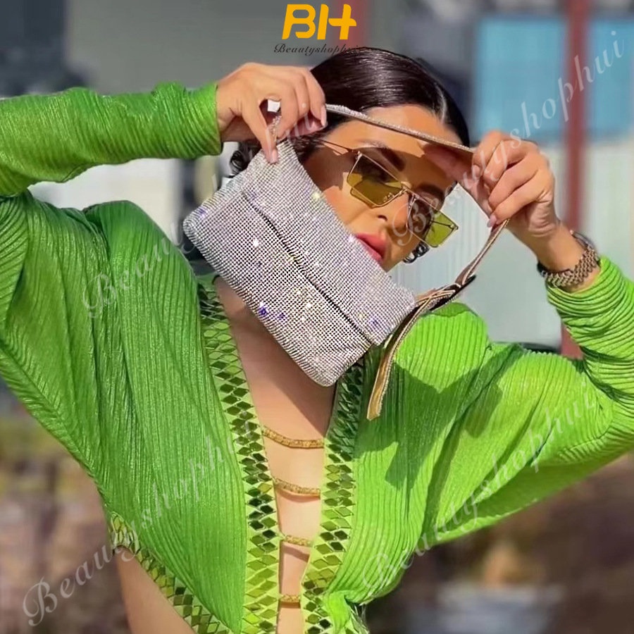 Túi Xách Kẹp Nách Nắp Lật Khóa Nam Châm Đính Đá Nước Sang Trọng Dành Cho Nữ