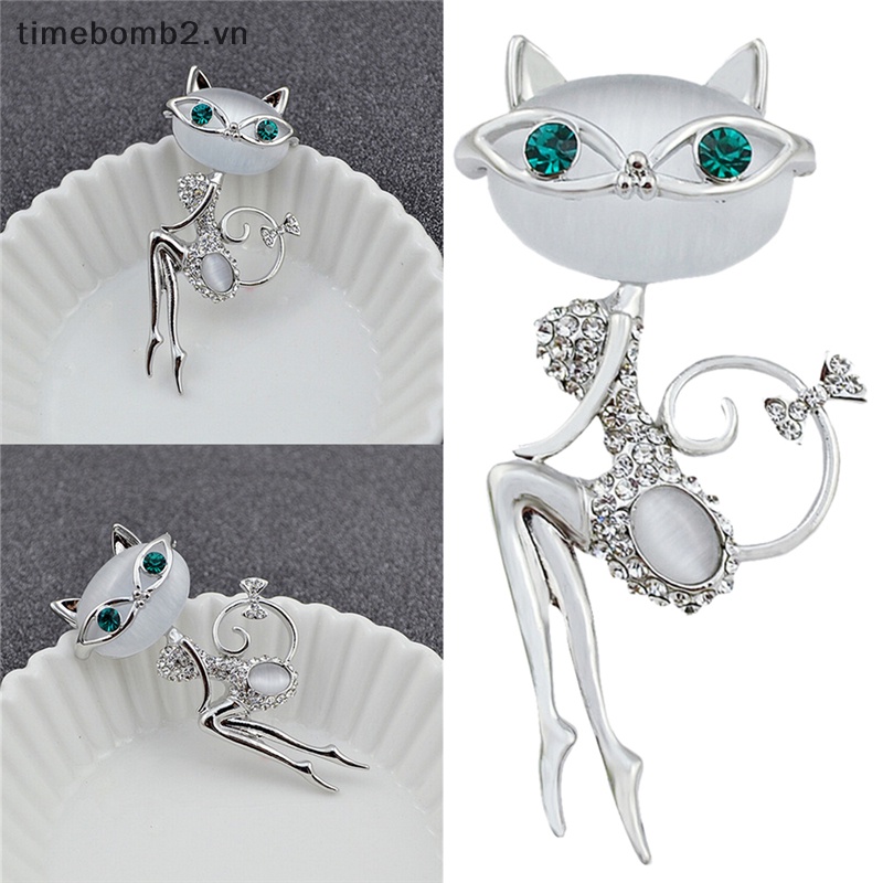 {Timebomb} Ghim Cài Áo Hình Mèo Nhỏ Đính Đá Opal Dễ Thương Quyến Rũ Thời Trang