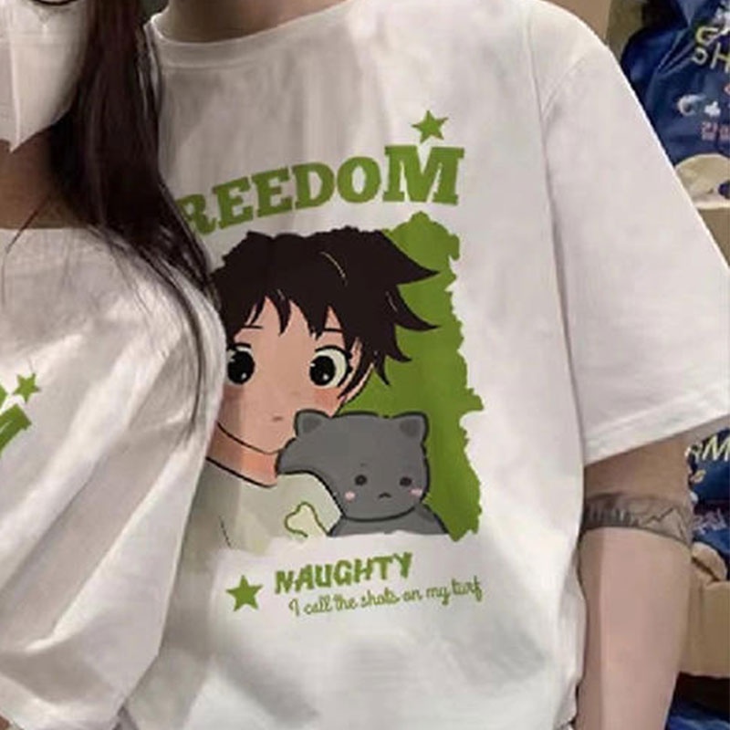Áo Thun Tay Ngắn Dáng Rộng In Hoạt Hình Đơn Giản Thời Trang Mùa Hè 2023 Cho Cặp Đôi