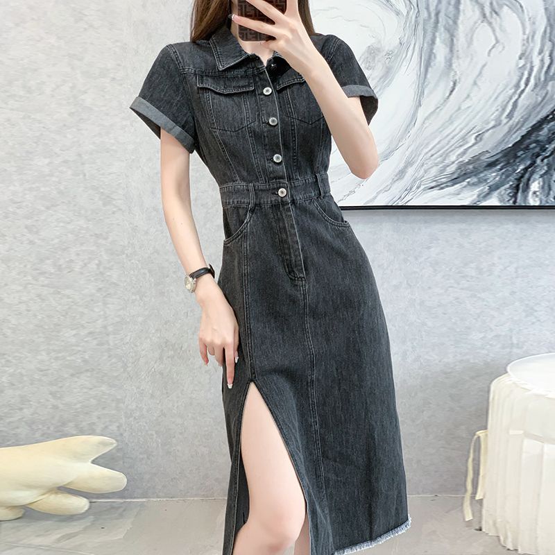 Đầm Sơ Mi Denim Dáng Dài Xẻ Tà Thời Trang Mùa Hè 2023 Phong Cách Mới Cho Nữ