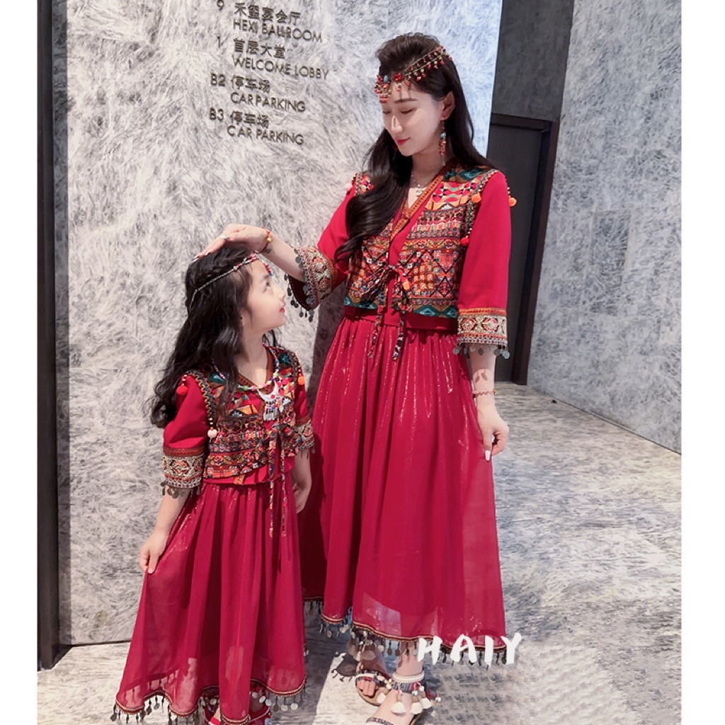 Đầm Công Chúa Dáng Dài Phong Cách Dân Tộc Retro Cho Mẹ Và Bé