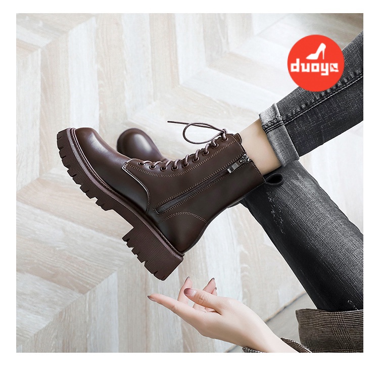 Duoya Giày Bốt Martin Da Mềm Dày Dặn Màu Nâu Cà Phê Phong Cách Anh Quốc Thời Trang Xuân Thu 2022 Cho Nữ