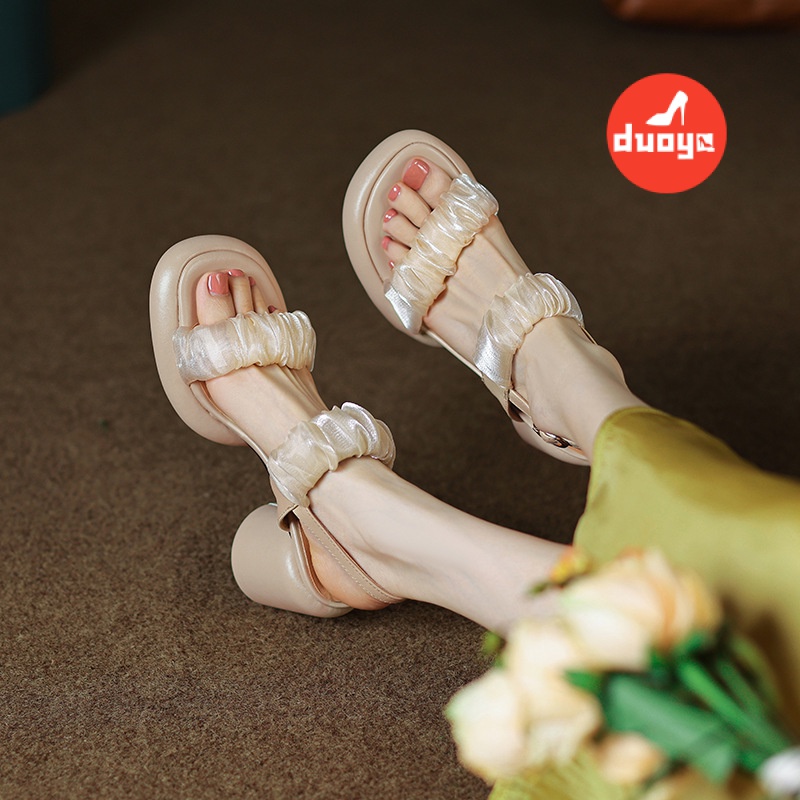 Duoya Tóc Thẳng ~ [Hàng Có Sẵn] Giày Sandal Cao Gót Đế Dày Hở Ngón Quai Dây Ruy Băng Phiên Bản Hàn Quốc Cho Nữ Miễn Phí Vận Chuyển