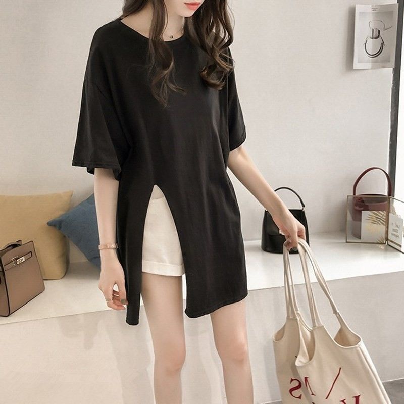 Áo Thun Ngắn Tay Dáng Rộng Xẻ Tà Thời Trang Mùa Hè Cho Nữ