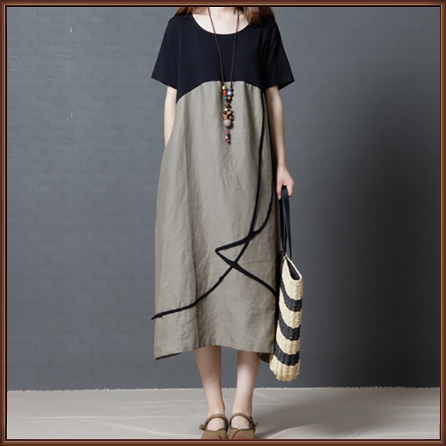 Đầm Cổ Tròn Size Lớn Phối Màu Thời Trang Mùa Hè Cho Nữ