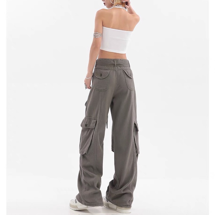 Quần JEAN Túi Hộp HIPHOP Nhiều Túi Lưng Cao Ống Rộng Phong Cách Retro Mỹ