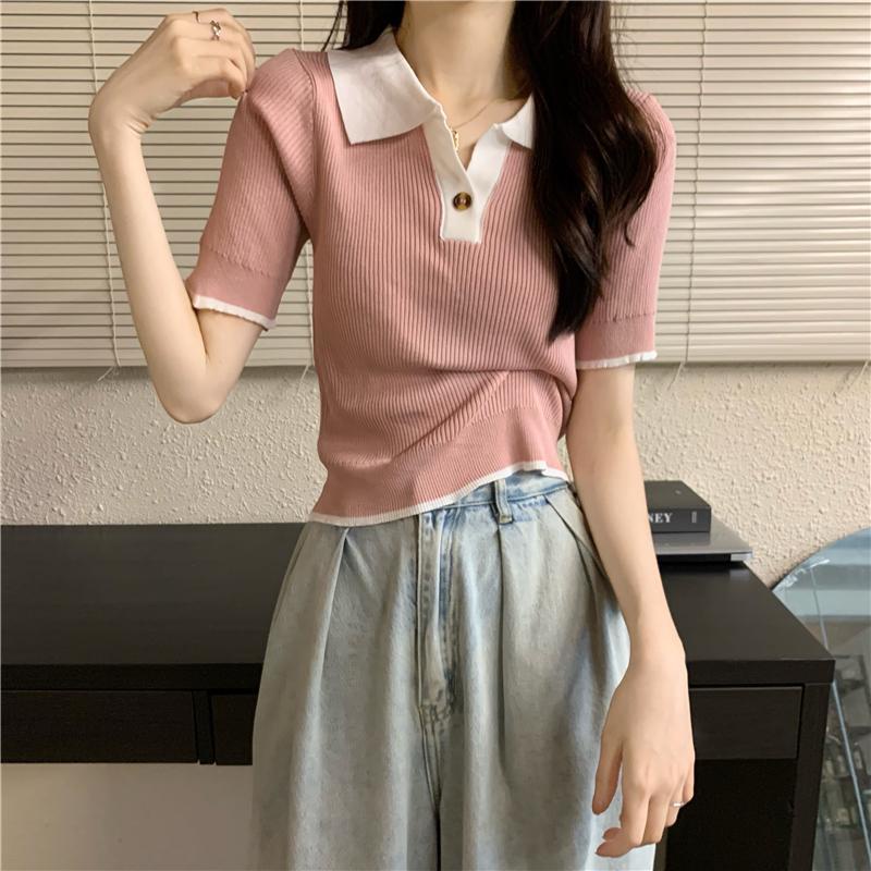 Áo Thun POLO Dệt Kim Tay Ngắn Màu Trơn Dáng Ôm Thời Trang Mùa Hè 2023