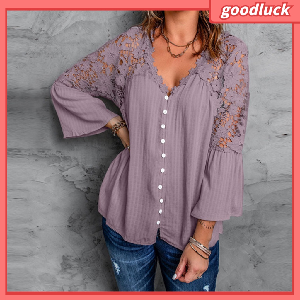 Áo Sơ Mi Tay Loe 3 / 4 Cổ Chữ V Màu Sắc Thời Trang Dành Cho Nữ