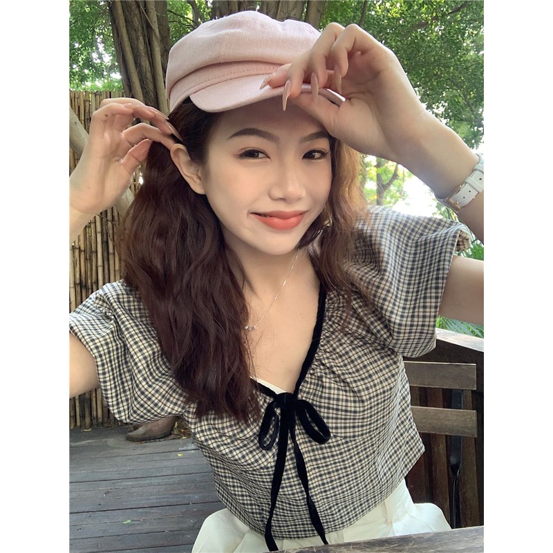 Áo Sơ Mi Ngắn Tay Trễ Vai Cổ Chữ V Họa Tiết Sọc Caro Thời Trang Mùa Hè Cho Nữ