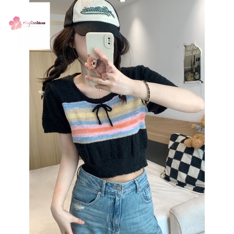 Áo Sweater Dệt Kim Kẻ Sọc Cầu Vồng Phối Nơ Phong Cách Thời Trang Mới 2023