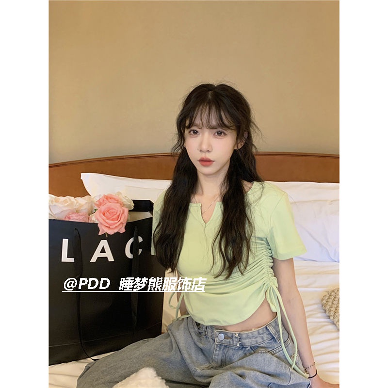 COZOK Áo Thun Ngắn Tay Cổ Chữ V Rút Dây Thời Trang Nữ