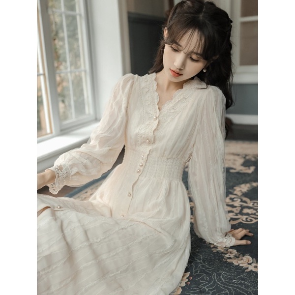 Đầm Midi Phối Ren Chiết Eo Phong Cách Pháp Thanh Lịch Thời Trang Mùa Xuân 2023 Mới