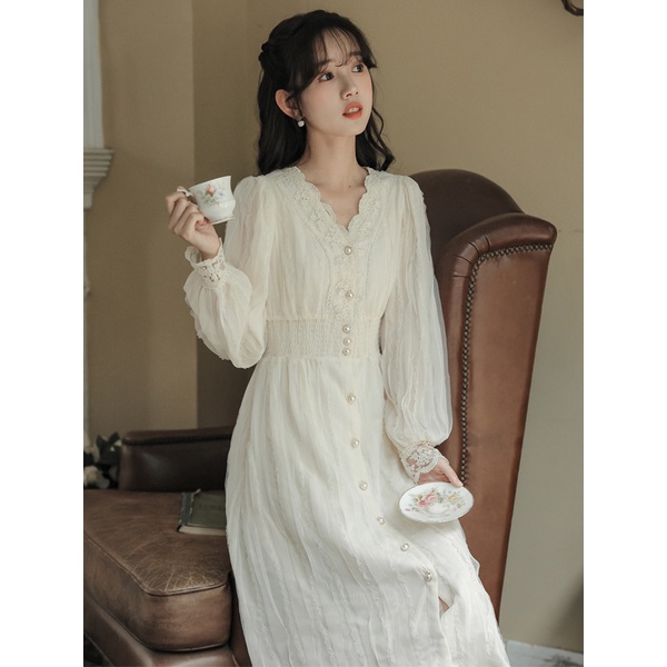 Đầm Midi Phối Ren Chiết Eo Phong Cách Pháp Thanh Lịch Thời Trang Mùa Xuân 2023 Mới