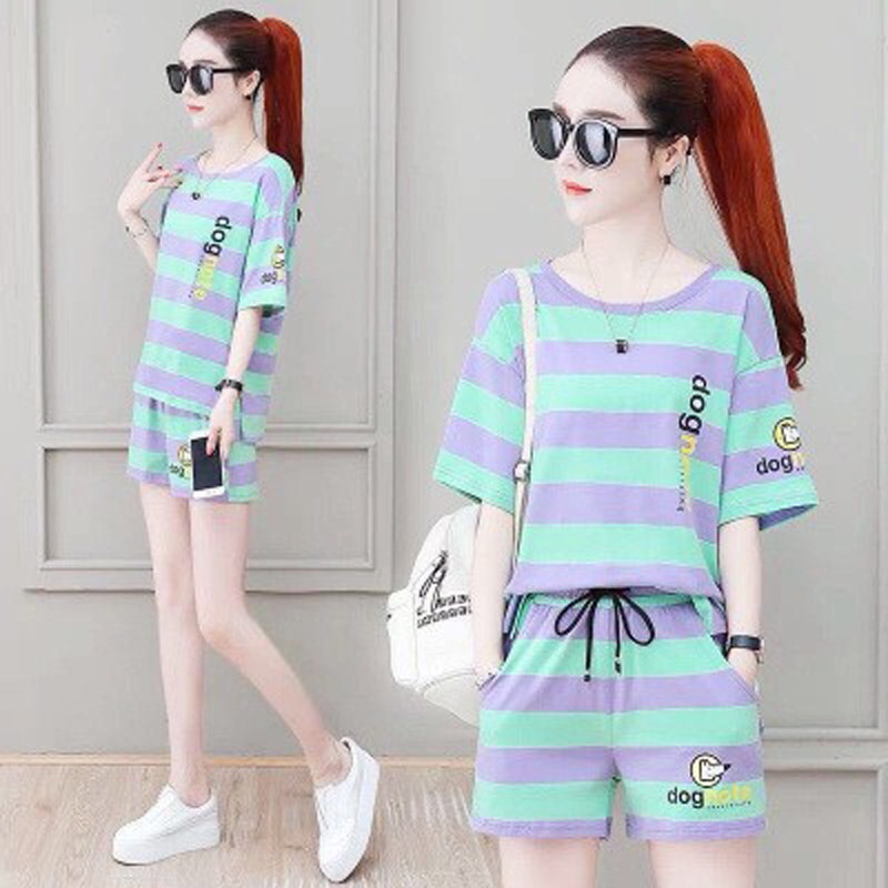 Set Áo Thun Ngắn Tay Sọc Ngang + Quần Short Thể Thao Thời Trang Cho Nữ Size M-3xl