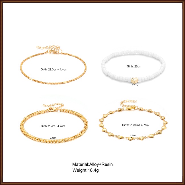 Set 4 Lắc Chân Nhiều Lớp Mặt Hình Trái Tim Phong Cách Retro Cho Nữ