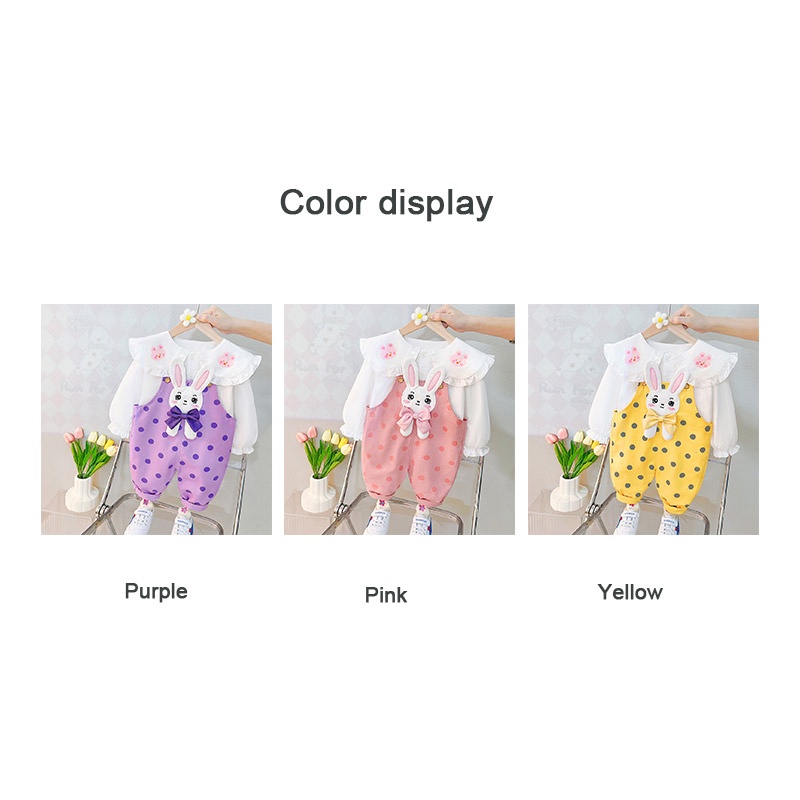 Set Áo Thun Dài Tay Hình Thỏ + Quần Yếm Chấm Bi Xinh Xắn Thời Trang Mùa Xuân Thu Dành