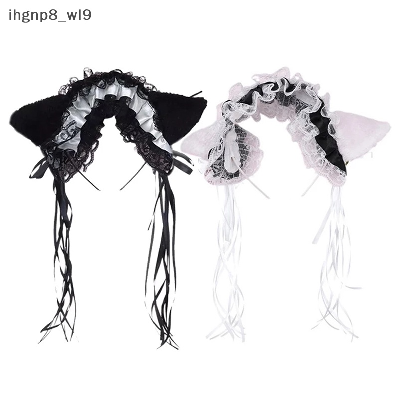 Phụ Nữ Hầu Gái ruffles ren Headband sang trọng Tai Mèo Ribbon chuông tóc Hoop cosplay mới
