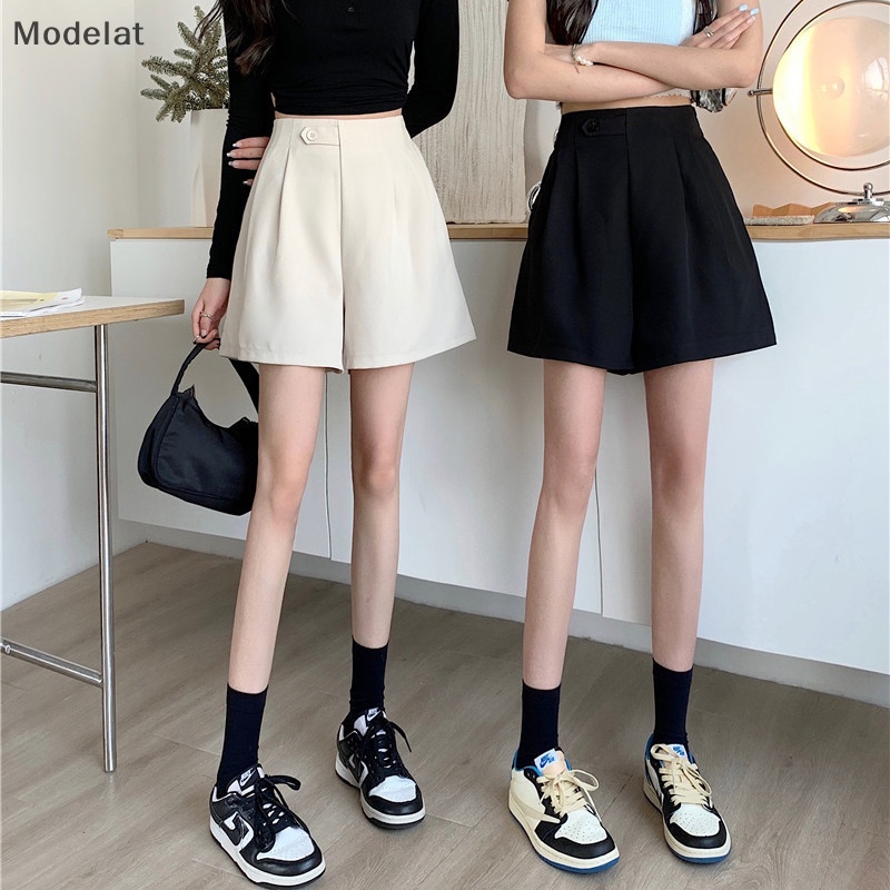 Quần Short Chữ A Lưng Cao Ống Rộng Màu Đen Phong Cách Hàn Quốc Thời Trang Xuân Hè 2023 Cho Bạn Gái