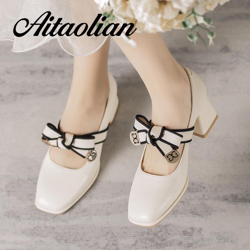 Giày Cao Gót 5Cm Da Mềm Mũi Vuông Phong Cách retro Anh Quốc