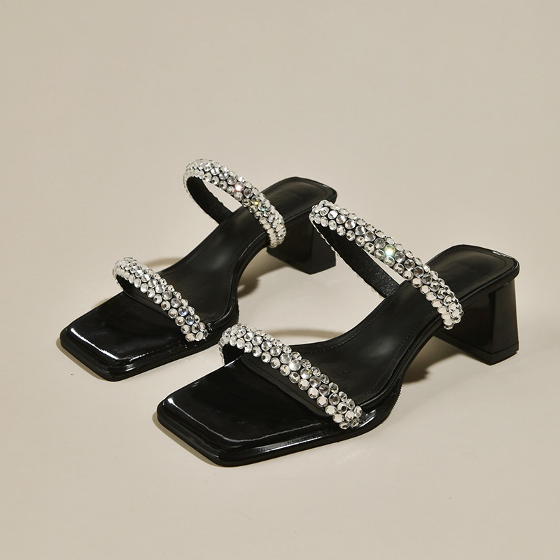 Duoya Tóc Thẳng ~ [Hàng Có Sẵn] Giày Cao Gót Sandal Hở Ngón Đế Dày Quai Đính Đá Rhinestone Dễ Phối Đồ Cho Nữ Miễn Phí Vận Chuyển