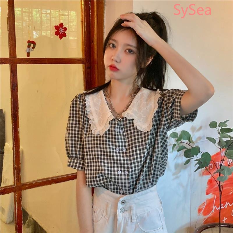 Áo Kiểu Tay Phồng Cổ Búp Bê Form Rộng Họa Tiết Sọc Caro Phong Cách Pháp