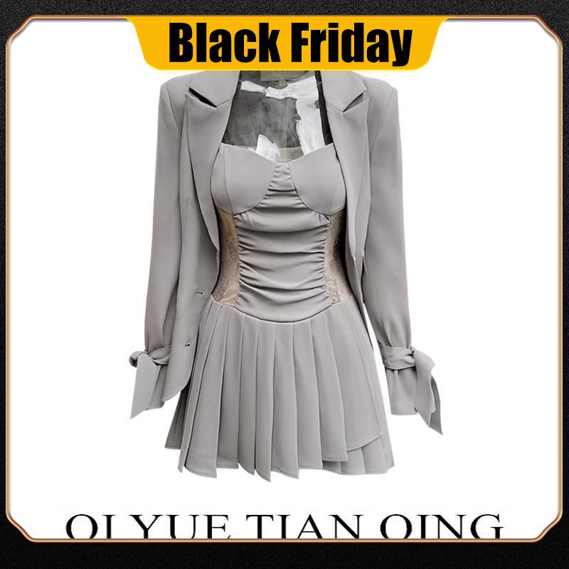 July Sunny Set Đầm Hai Dây + Áo Khoác Blazer Tự Dính Phong Cách Mới