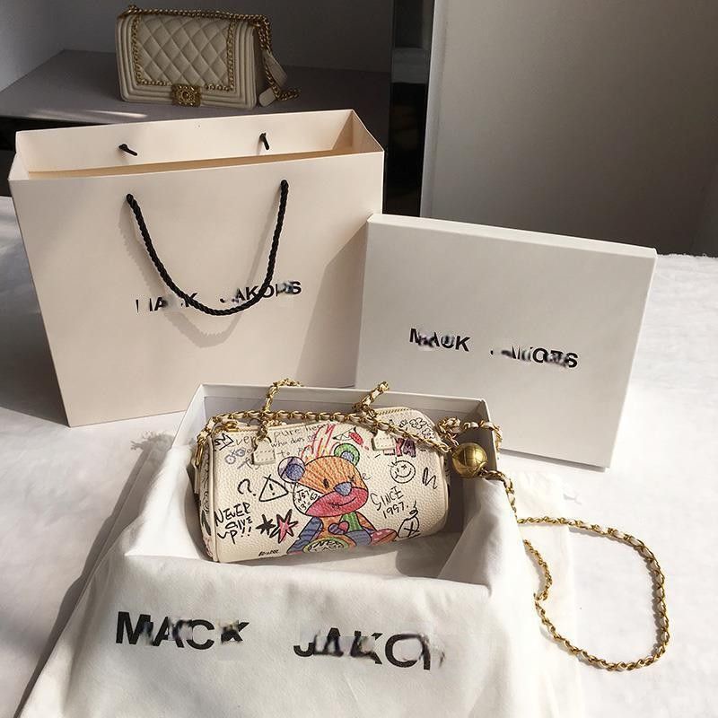 Túi Xách Đeo Vai Hình Trụ In Họa Tiết Graffiti Phối Dây Xích Thời Trang Dành Cho Nữ