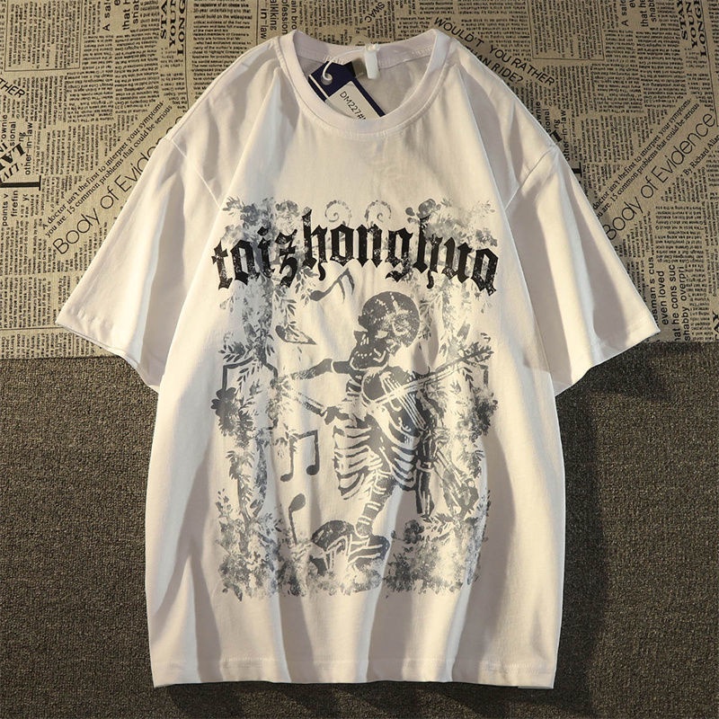 Áo Thun Tay Ngắn In Hình Đầu Lâu Vĩ Cầm Thời Trang Đường Phố Mỹ Vintage Dành Cho Nam Nữ