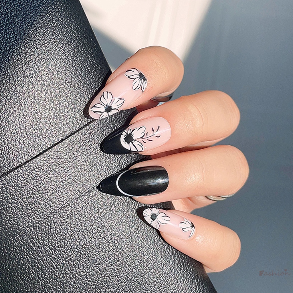 Móng Tay Giả Màu Trắng Đen Bằng Chất Liệu ABS Phong Cách Pháp